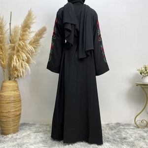 1713# Colorful Embroidery Flowers Loose Sleeves Pretty Elegant Simplicity Open Abaya 2 Colors - Product Image 6
