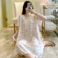 Gaun Tidur Wanita Model Eropa Bahan Katun Sutra Satin Bernapas Motif Bunga Lengan Pendek Kerah Satu Sisi Sederhana Kasual untuk Musim Panas