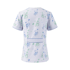 अस्पताल और क्लिनिक में महिलाओं के लिए कॉलर और जेब पॉलिएस्टर सामग्री के साथ फूलों का प्रिंट शॉर्ट स्लीव डॉक्टर यूनिफॉर्म टॉप - Product Image 2