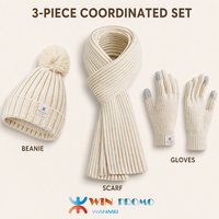Ensemble bonnet, écharpe et gants tricotés d'hiver avec pompon, accessoires côtelés pour promotion de marque, sélection pour la vente au détail et en gros