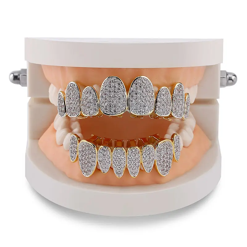 Hip Hop chapado en oro de Color los dientes Grillz tapas CZ Micro Pave de lujo superior y parte inferior Grillz de oro conjunto