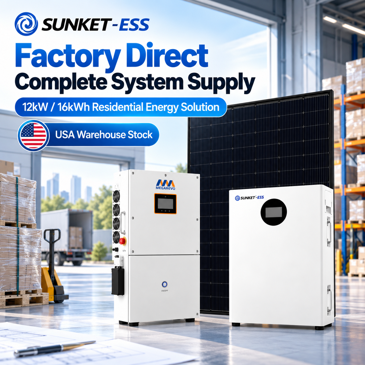 SUNKET US Stock 10kw 20kw Home Solar System With Battery Storage 12kW 16kWh Hybrid Power Solution