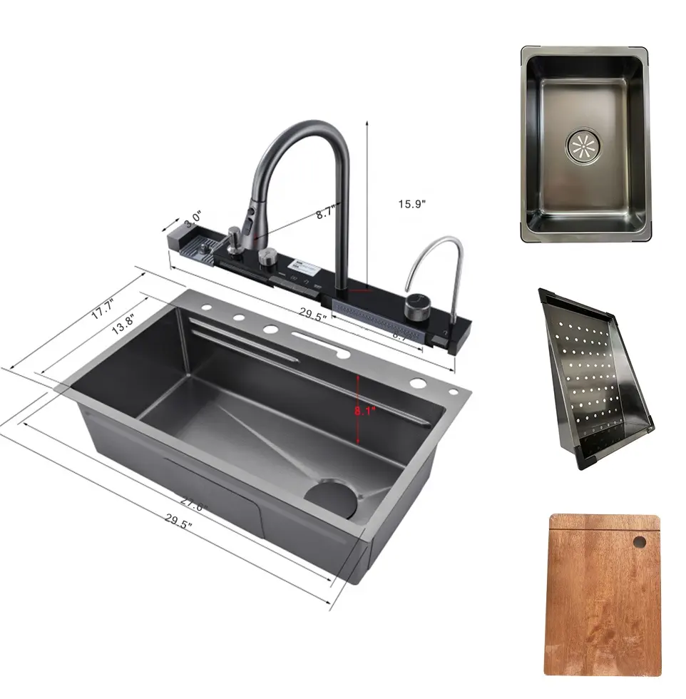 Smar 부엌 검은 싱크대 야채 식기 세척기 세탁기 304 스테인레스 스틸 원활한 수제 폭포 싱크대