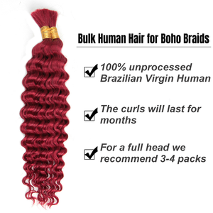 100g 99J Borgoña Cabello Humano Chino Ondulado Profundo a Granel, Paquetes de Cabello Rizado Teñido de Una Sola Tira para Trenzas Boho - Product Image 3