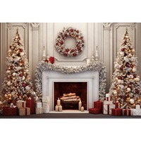 Fond de photographie rustique de Noël avec porte de grange en bois, scène de neige, sapin de Noël, boîte cadeau, toile de fond photo, bannière de fête personnalisable
