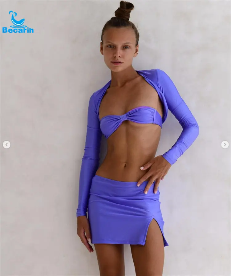 Bán Buôn Strapless Bikini Bandeau Phụ Nữ Áo Tắm 4 Mảnh Sexy Cheekiest Thong Dài Tay Áo Mock Hot Bán Cô Gái Trẻ Bãi Biển Ăn Mặc
