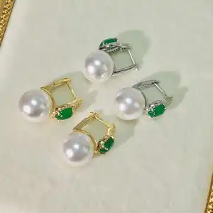 New Zircon Jade 925 Sterling Silver Earrings with 10mm Natural Freshwater Edison Pearl Earrings Noble Earrings