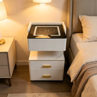 Table de chevet intelligente moderne avec lumière LED 3 couleurs, chargeur sans fil, haut-parleur Bluetooth et verrouillage par empreinte digitale pour chambre à coucher