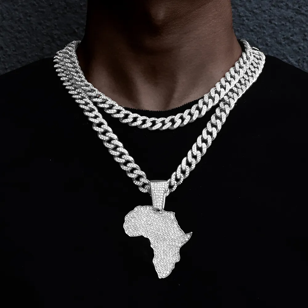 Collier pendentif carte de l'afrique avec colliers de chaîne cubaine Miami de 13mm, bijoux de charme à la mode pour garçons et filles, <span class=keywords><strong>Hip</strong></span> <span class=keywords><strong>Hop</strong></span> glacé étudiant