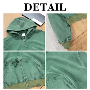 ผู้ผลิตเสื้อผ้าสตรีทแวร์ ฮู้ดดี้โลโก้สั่งทำพิเศษ 450 500 GSM ผ้าฝ้าย 100% เฟรนช์เทอร์รี่ ฮู้ดดี้ซิปแบบขาดๆ รุ่ยๆ - Product Image 6