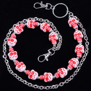 yueli Red White <b>Skull</b> Beaded Waist Chain Metal Double Layer Pants Chain Hip Hop Style Fashion Body Chain Daily Wear Accessory - Product Image 4