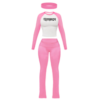 Fabrika Kadınları Nefes Alabilen 3 Parçalı Set Raglan Kollu Crop Top Katlamalı Yüksek Bel İspanyol Paça Pantolon ve Saç Bandı Y2K Günlük Kıyafet