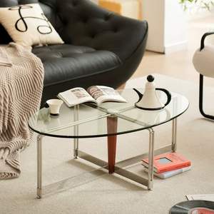 Mesa de Centro Ovalada de Acero Inoxidable Estilo Bauhaus Retro, Vidrio Templado, Diseño Moderno para Sala de Estar, Uso Doméstico - Product Image 4