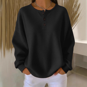 Haut en tricot gaufré personnalisé pour femme, couleur unie, col rond, coupe ample, collection automne-hiver, mode boutique, logo thermocollé - Product Image 2