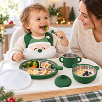 Ensemble d'alimentation pour bébé en silicone et acier inoxydable personnalisé OEM avec assiette, bol, bavoir et ustensiles à motif Père Noël