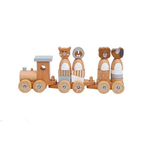 Popular Colorful Wooden Zoo Animal Stacking Sorting Train Push Pull Long Train Block Toy