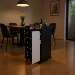Chariot de bar noir Dukat avec deux étagères et six casiers à vin intégrés, quatre roulettes pour une mobilité facile - Product Image 2