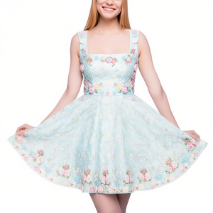<b>Sweet</b> Floral Embellished Embroidered Sleeveless Skater Dress Square Collar Empire Waist Spring <b>Party</b> Style Chiffon Woven Printed - Product Image 1