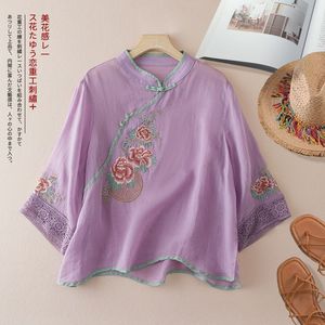 Retro Cotton Linen Embroidered Chinese Style Stand Collar Mid Sleeve Shirt For Women - Product Image 3