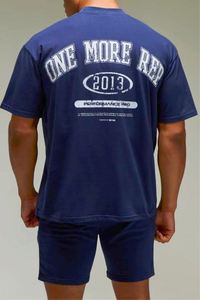ชุดสตรีทแวร์ผ้าคอตตอนผสมโพลีเอสเตอร์สีกรมท่า เสื้อยืดโอเวอร์ไซส์ลาย One More Rep และกางเกงขาสั้น ชุดแบรนด์เนม เสื้อผ้าแทรคสูท - Product Image 2