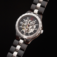 Montre-bracelet mécanique unisexe de luxe avec boîtier en bois, cadran automatique en bois, bracelet en plastique, chronographe, affichage jour/date, et breloque en forme de pièce de monnaie