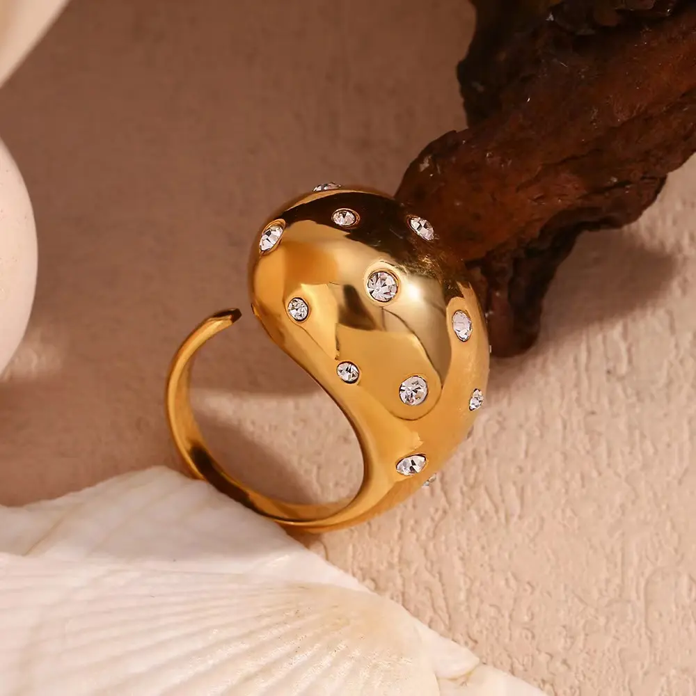 Anel de gota de água aberta com diamante branco banhado a ouro 18K, moda europeia e americana