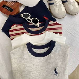 Children's T-shirt Striped Short Sleeve Cotton Moisture Wicking For Boys And Girls Summer Wear Gray Black Red Stripes - Product Image 1