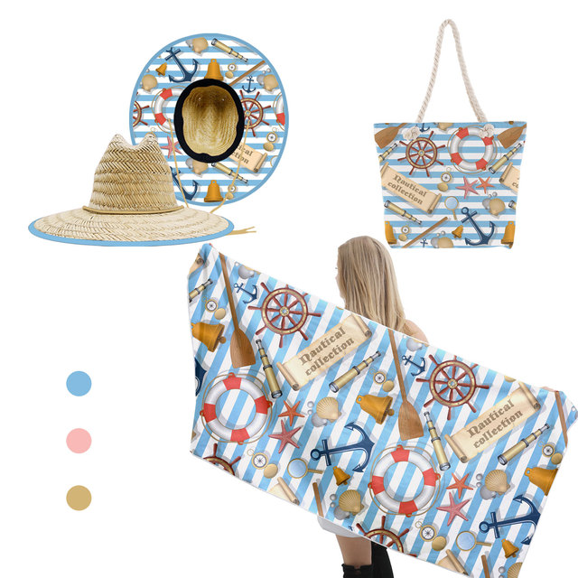 Navy Blue Nautical Theme Anchor Breton Stripe Transfer Top Zipper Grocery Bags and Beach Towel Set Tote Reusable Shopping