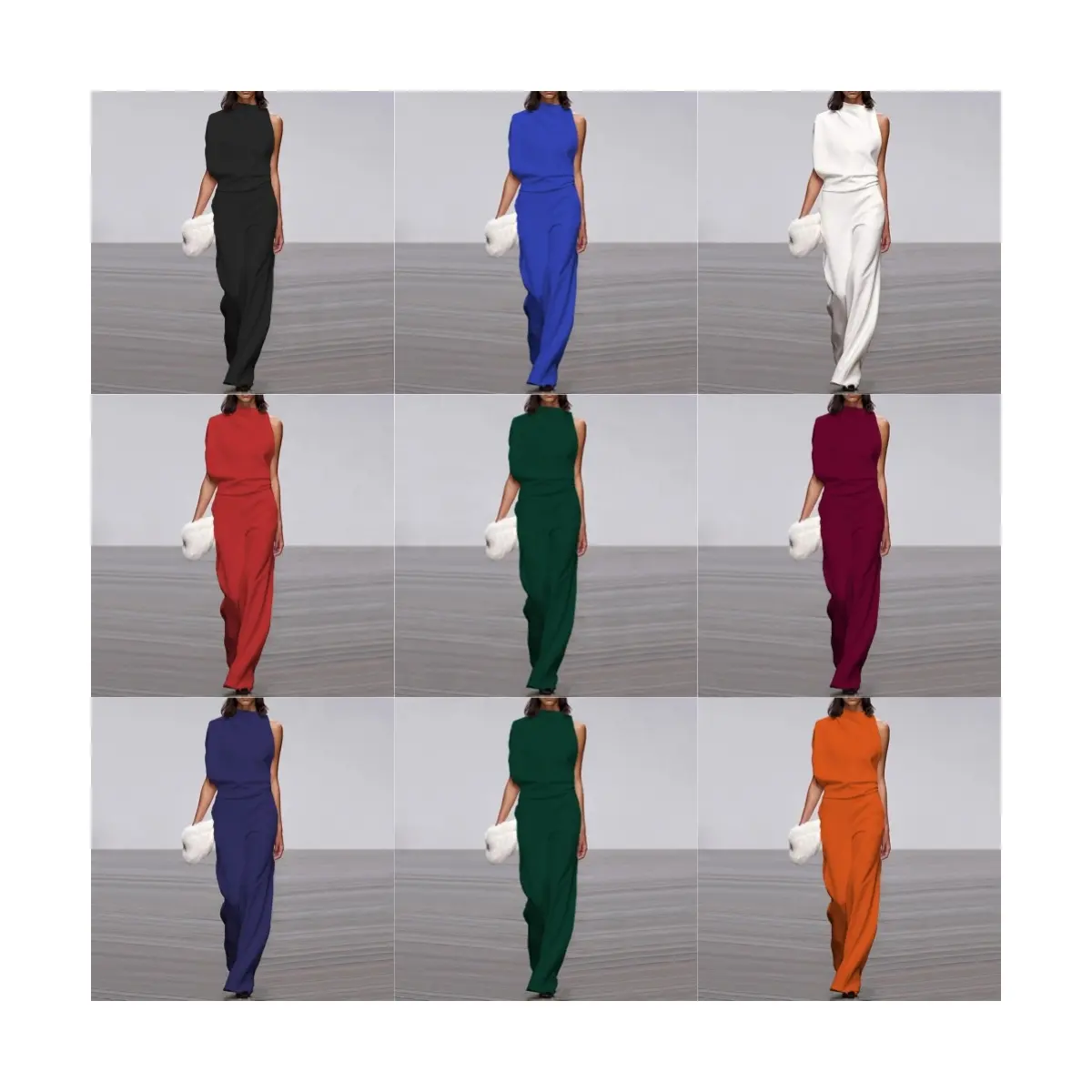 2023 새로운 유럽 역 여자의 바지 단색 원 숄더 파일 칼라 점프 슈트 폭발 드레스 바지