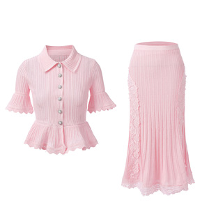 2026 Sommer Rosa Tweed Revers-Rüschen-Kurzarm-Oberteil mit Spitzen-Halbrock-Set – Elegantes Freizeit-Outfit für Damen - Product Image 1