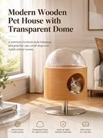 Maison pour animaux de compagnie moderne et écologique en bois, vue panoramique à 360°, finition grain de bois premium, base stable rayée, conçue pour les chats