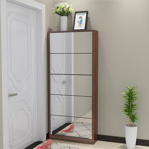 Maison moderne en bois avec miroir économiseur d'espace mince armoire à chaussures simple étagère à chaussures avec portes en verre - Product Image 3