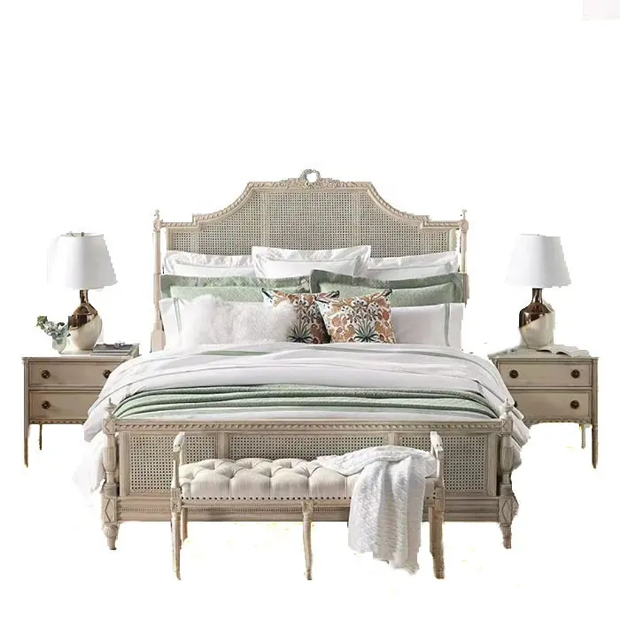 Hot selling French country vintage bed room furniture wooden Rattan Wicker cane king queen size bed