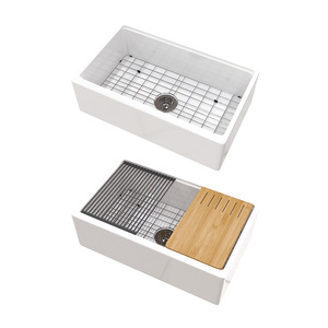 Fregadero de cocina de porcelana de 33 pulgadas, blanco, de arcilla refractaria, con frente de delantal acanalado estilo granja, de un solo tazón, hecho <span class=keywords><strong>a</strong></span> mano, moderno - Product Image 2
