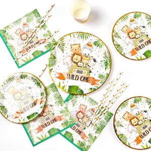 Fournitures de fête d'anniversaire Safari <span class=keywords><strong>Assiette</strong></span> de douche de bébé <span class=keywords><strong>Jungle</strong></span> Assiettes et tasses et serviettes de table de fête Safari Ensemble Fête d'anniversaire à thème Zoo - Product Image 1