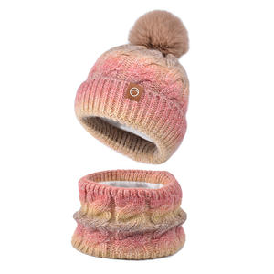 Wholesale Winter Thick <strong>Fleece</strong> <strong>Lined</strong> Knit <strong>Bobble</strong> <strong>Hat</strong> and Neck Warmer Scarf Set for Women - Product Image 1