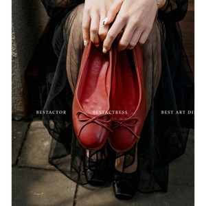 Low-cut single <b>shoes</b> for women flat <b>shoes</b> spring new style genuine leather round toe bow tie red color women's single <b>shoes</b> - Product Image 1