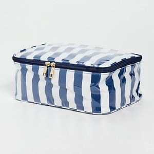 Women's Navy Blue Striped Cotton Canvas Reusable Eco-Friendly Zip Portable Travel Storage <b>Organizer</b> <b>Cosmetic</b> Bag Practical - Product Image 3