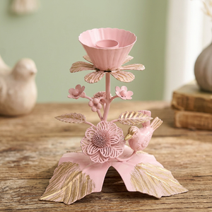 Support à bougie rose floral avec oiseau et feuilles, décoration d'intérieur, porte-bougie en acier métallique - Product Image 4