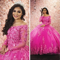 Robe de bal formelle à manches longues en dentelle pour 15 ans, robe de princesse pour 16 ans, robe de Quinceañera en dentelle fuchsia, modèle MQ120