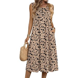 Robe d'été pour femme, imprimé floral, coupe trapèze, longueur midi, sans manches, col rond, décontractée, pour la plage et les vacances, avec poches, tissée respirante - Product Image 1