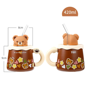 Mug en céramique Ours de dessin animé tendance et adorable, tasse à boisson en céramique avec couvercle et paille pour le bureau, les cadeaux quotidiens et diverses occasions - Product Image 6