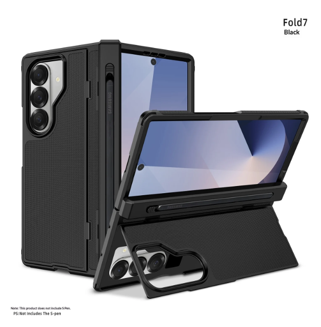 For Samsung Galaxy Z Fold 6/7 Case Grid Texture Flip Stand Cover with Built-in S Pen Holder Full Hinge Protection Shockproof