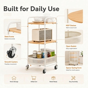 <span class=keywords><strong>Chariot</strong></span> de rangement roulant moderne à 2/3 niveaux en acier et MDF, organisateur domestique, <span class=keywords><strong>chariot</strong></span> utilitaire pour cuisine et salle de bain avec roulettes - Product Image 3
