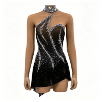 Robe de patinage artistique noire à manches longues et col halter, ornée de strass et de mailles, pour adultes et enfants, pour compétitions et spectacles