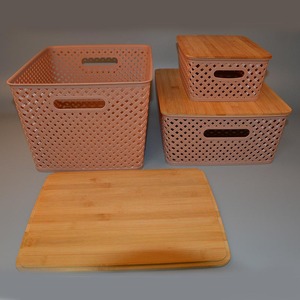 Giỏ Mây Đan Bằng Nhựa Giỏ Đựng Đồ Có Nắp Gỗ Để Tủ Quần Áo Kệ Đựng Thức Ăn Nhà Bếp - Product Image 5