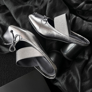 Trending Medium <b>Round</b> <b>Heels</b> Slippers Shoes Square <b>Toe</b> Sandals Women Dress on Stretchy Strap Mules Front Bow Pumps - Product Image 6
