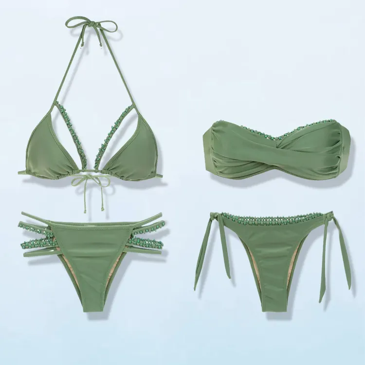 HL factory wholesale solid color green beaded chain 2 piece bikini swimwear beachwear women custom mini sexy halter swimsuit
