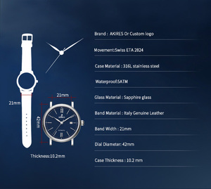 Orologio Meccanico Automatico di Lusso Akires per Uomo, in Acciaio Inossidabile, Resistente all'Acqua, con Cinturino in Pelle, Sportivo ed Elegante, Movimento ETA 2824, Quadrante in Zaffiro - Product Image 2