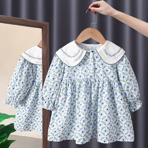 Baby Dress With Peter Pan Collar Long Sleeves Floral Print Cotton Girls Dress Spring Autumn Korean Style - Product Image 1